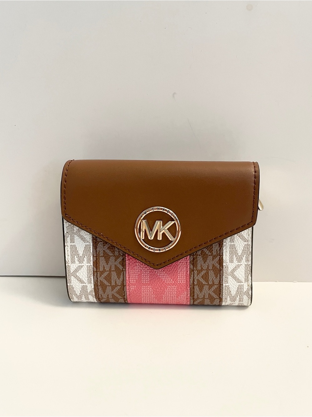Michael Kors Carmen Medium Envelope Trifold Wallet Brown White and Pink